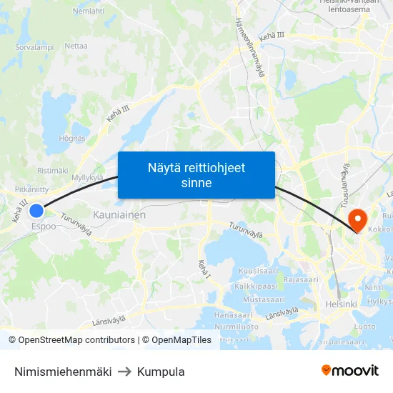 Nimismiehenmäki to Kumpula map