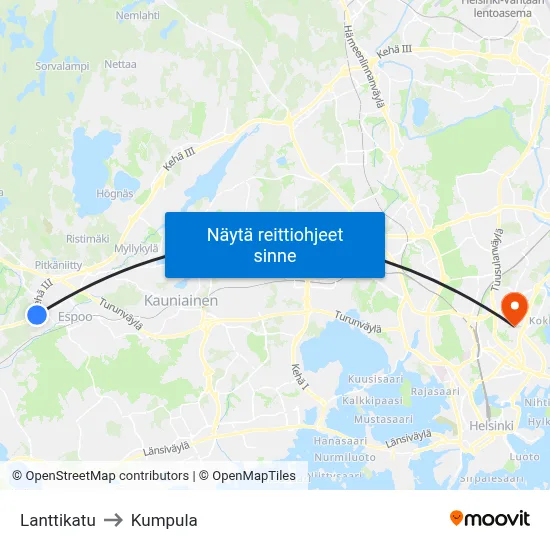 Lanttikatu to Kumpula map