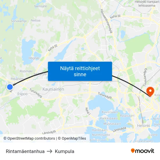 Rintamäentanhua to Kumpula map