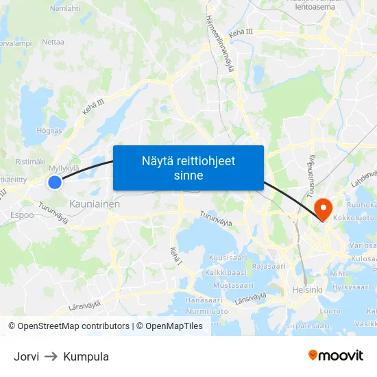 Jorvi to Kumpula map