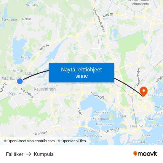 Fallåker to Kumpula map
