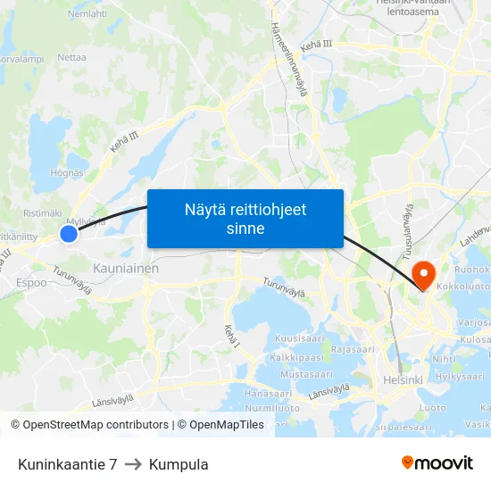 Kuninkaantie 7 to Kumpula map