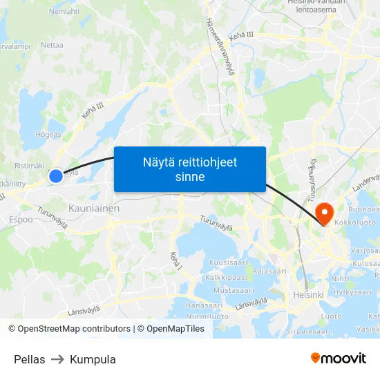 Pellas to Kumpula map