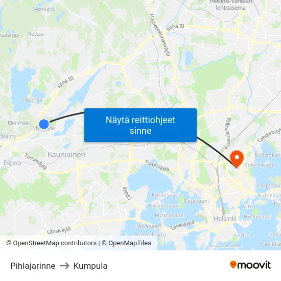 Pihlajarinne to Kumpula map
