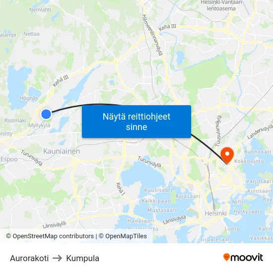 Aurorakoti to Kumpula map
