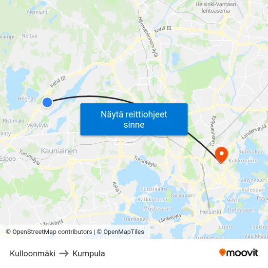 Kulloonmäki to Kumpula map
