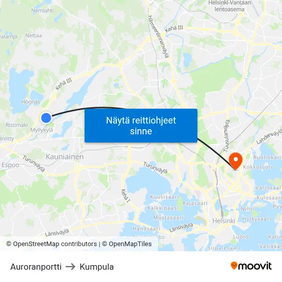 Auroranportti to Kumpula map