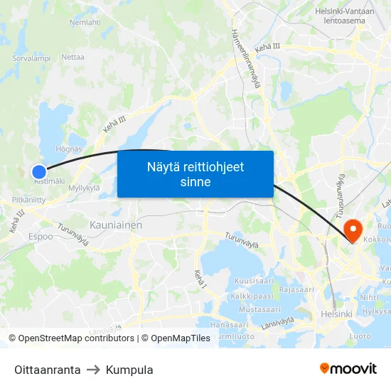 Oittaanranta to Kumpula map