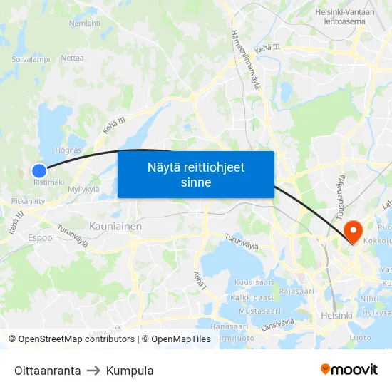 Oittaanranta to Kumpula map