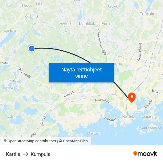 Kattila to Kumpula map