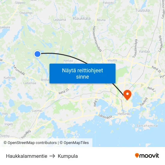Haukkalammentie to Kumpula map