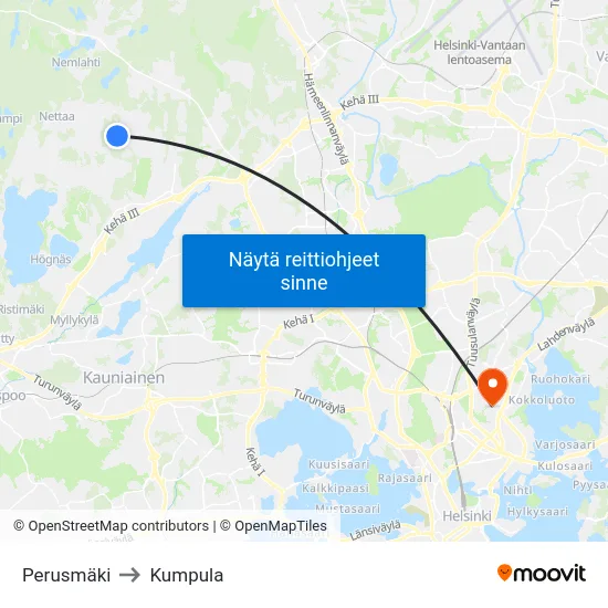 Perusmäki to Kumpula map