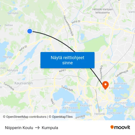 Niipperin Koulu to Kumpula map