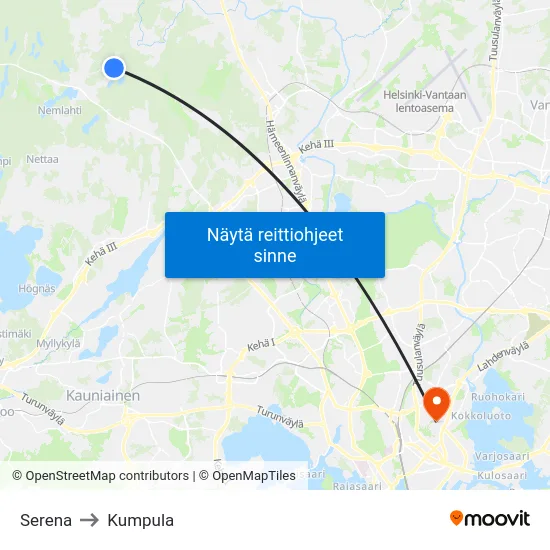 Serena to Kumpula map