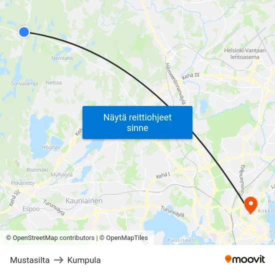 Mustasilta to Kumpula map
