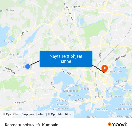 Raamattuopisto to Kumpula map