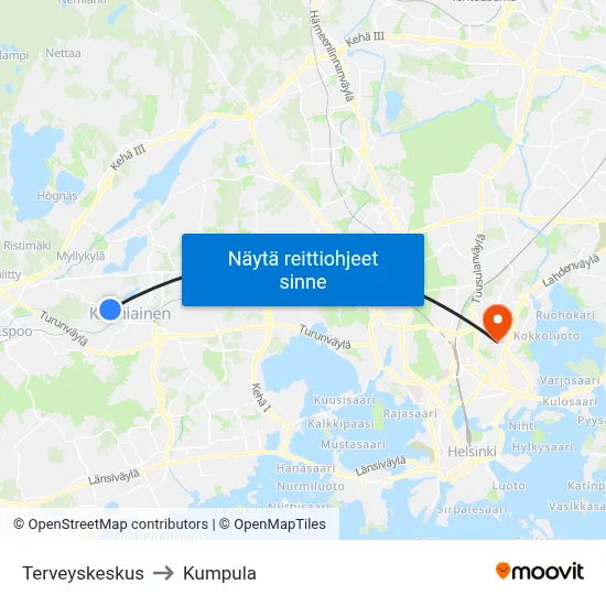 Terveyskeskus to Kumpula map