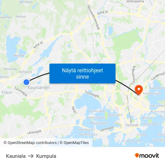 Kauniala to Kumpula map