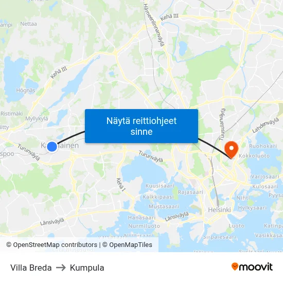 Villa Breda to Kumpula map