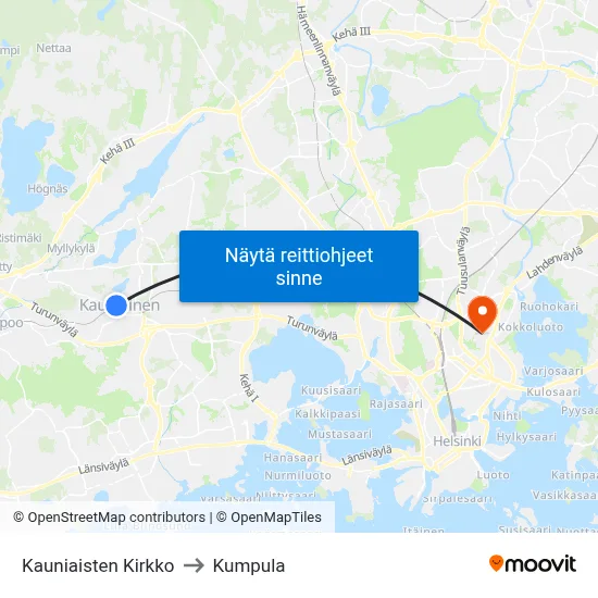 Kauniaisten Kirkko to Kumpula map