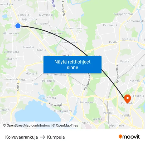 Koivuvaarankuja to Kumpula map