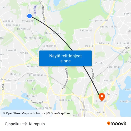 Ojapolku to Kumpula map