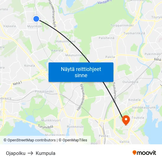 Ojapolku to Kumpula map