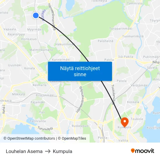 Louhelan Asema to Kumpula map