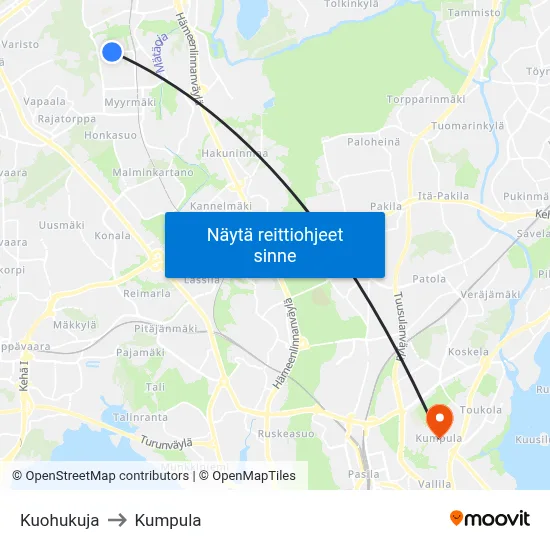 Kuohukuja to Kumpula map