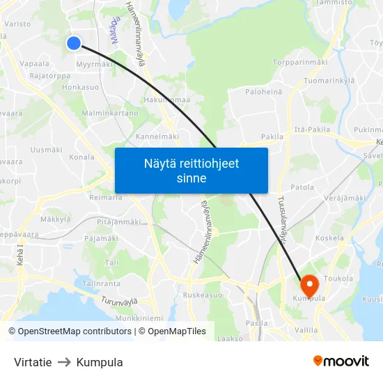Virtatie to Kumpula map