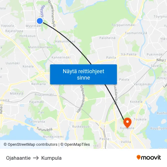 Ojahaantie to Kumpula map