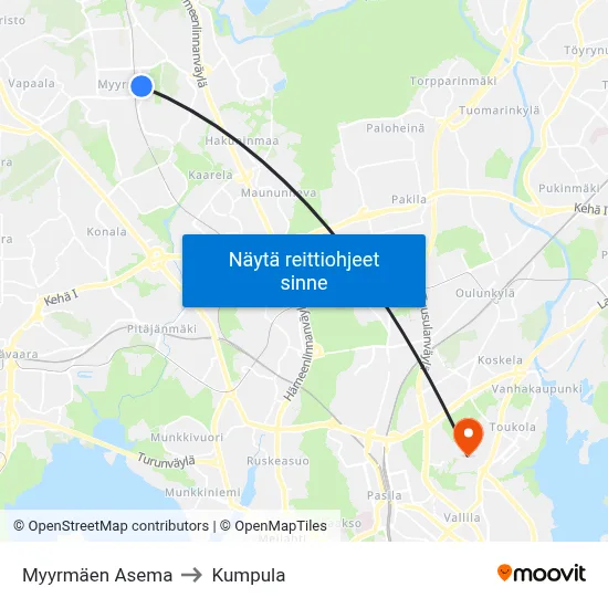 Myyrmäen Asema to Kumpula map