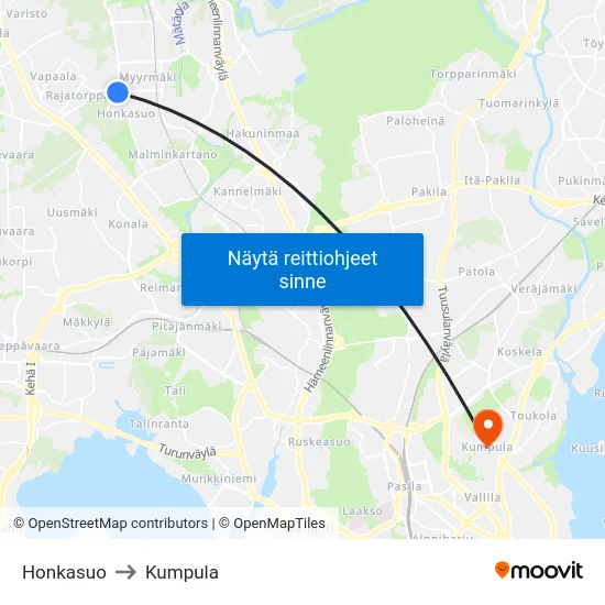 Honkasuo to Kumpula map