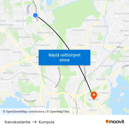 Kaivokselantie to Kumpula map