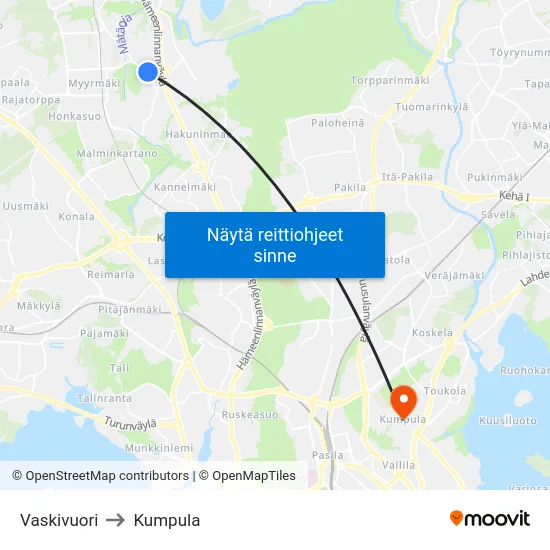 Vaskivuori to Kumpula map