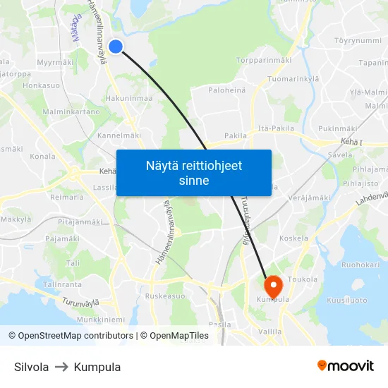 Silvola to Kumpula map