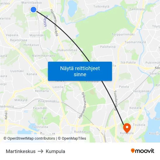 Martinkeskus to Kumpula map