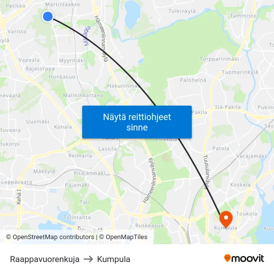 Raappavuorenkuja to Kumpula map