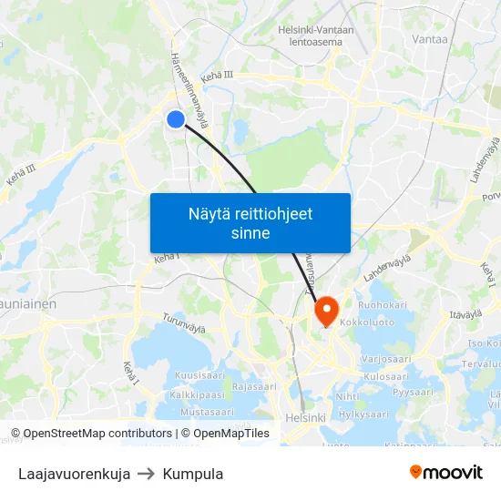 Laajavuorenkuja to Kumpula map