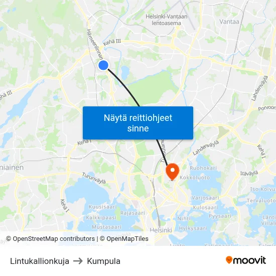 Lintukallionkuja to Kumpula map
