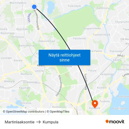Martinlaaksontie to Kumpula map