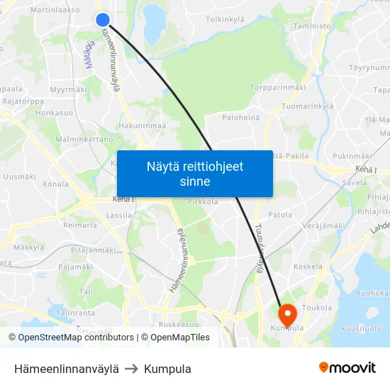Hämeenlinnanväylä to Kumpula map
