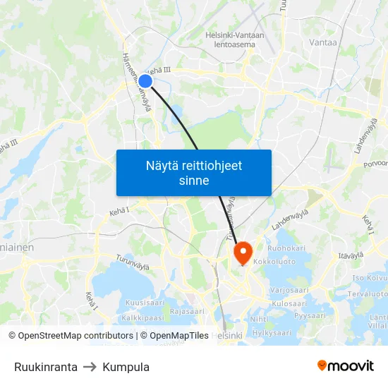 Ruukinranta to Kumpula map