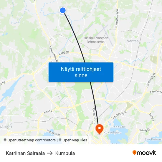 Katriinan Sairaala to Kumpula map