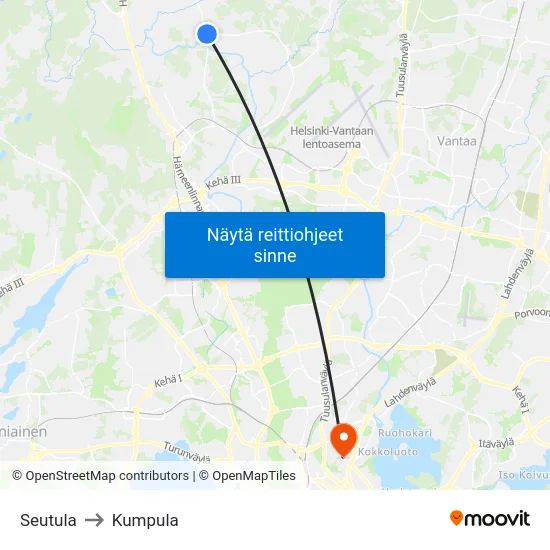 Seutula to Kumpula map