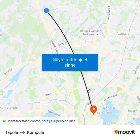 Tapola to Kumpula map