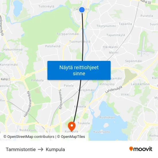 Tammistontie to Kumpula map