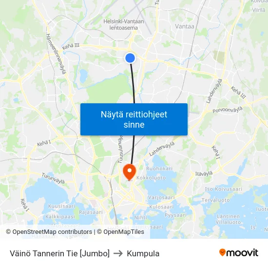 Väinö Tannerin Tie [Jumbo] to Kumpula map