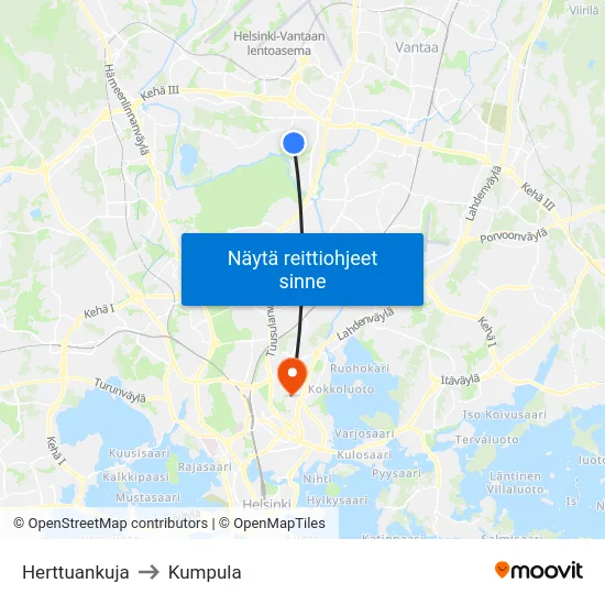 Herttuankuja to Kumpula map