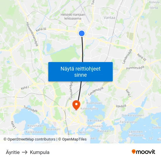 Äyritie to Kumpula map